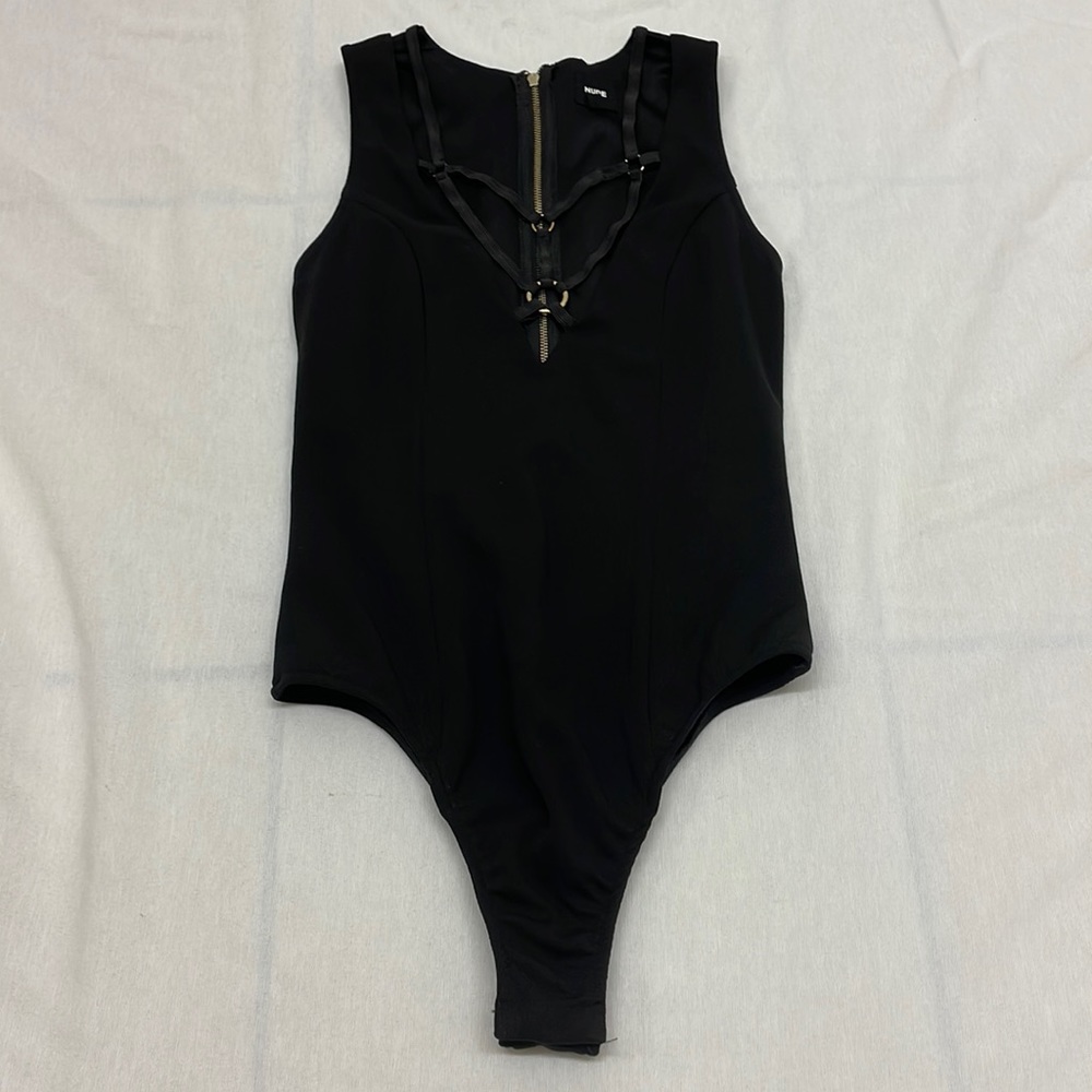 Nude Black Body Suit with Harness Front and Gold Zipper Down the Back